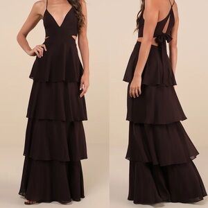 NWOT Tier and Now Dark Brown Tie-Back Tiered Maxi Dress